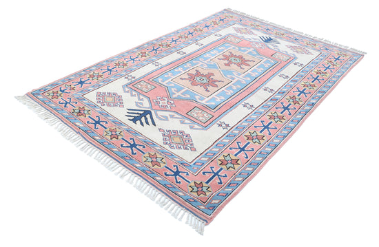 Tribal Hand Knotted Milas Milas Wool Rug of Size 5'2'' X 7'11'' in Ivory and Peach Colors - Made in Turkey
