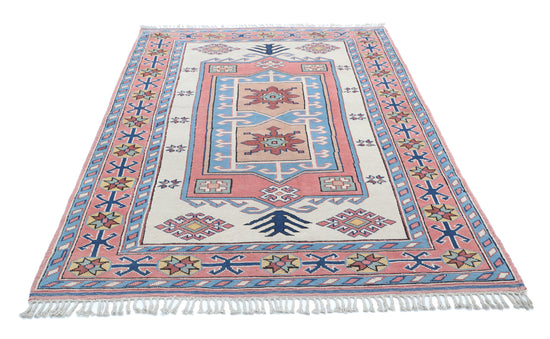 Tribal Hand Knotted Milas Milas Wool Rug of Size 5'2'' X 7'11'' in Ivory and Peach Colors - Made in Turkey