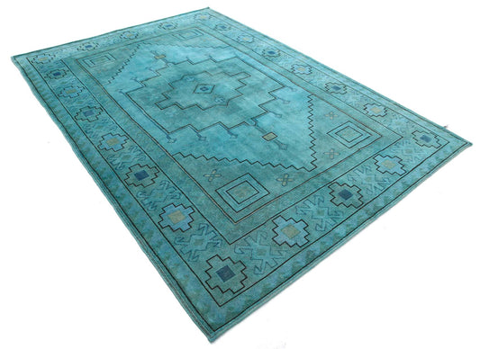 Transitional Hand Knotted Vintage Overdyed Milas Wool Rug of Size 6'3'' X 9'1'' in Teal and Charcoal Colors - Made in Turkey