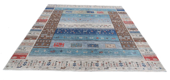 Transitional Hand Knotted Modcar Modcar Wool Rug of Size 8'0'' X 9'7'' in Brown and Teal Colors - Made in Pakistan
