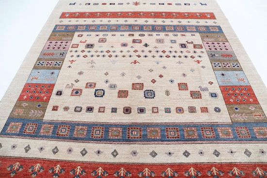 Tribal Hand Knotted Gabbeh Modcar Wool Rug of Size 8'0'' X 9'7'' in Ivory and Red Colors - Made in Afghanistan