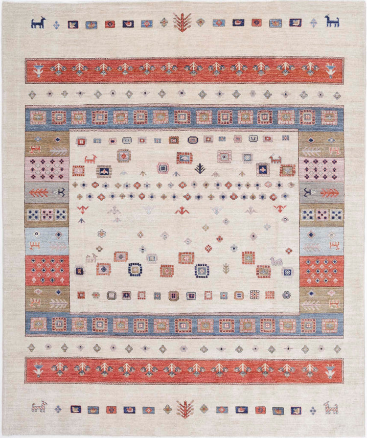 Tribal Hand Knotted Gabbeh Modcar Wool Rug of Size 8'0'' X 9'7'' in Ivory and Red Colors - Made in Afghanistan