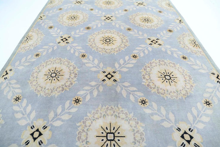 Transitional Hand Knotted Modcar Modcar Wool Rug of Size 8'10'' X 11'8'' in Grey and Blue Colors - Made in Pakistan
