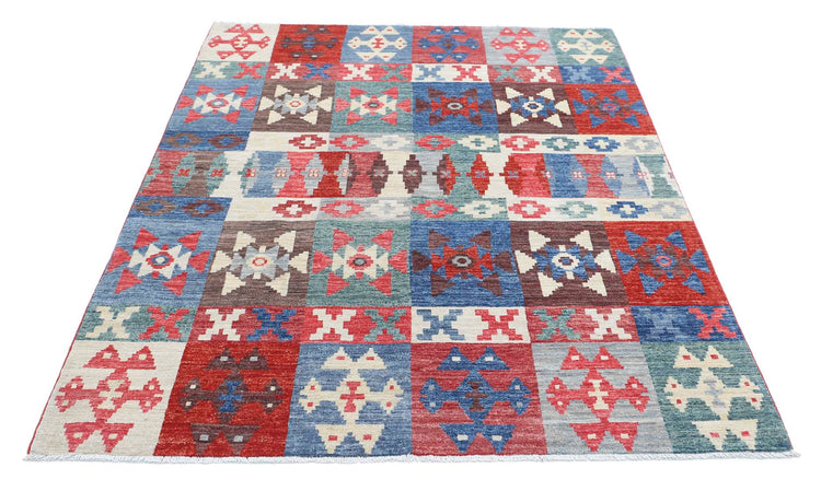 Transitional Hand Knotted Modcar Modcar Wool Rug of Size 4'10'' X 6'5'' in Multi and Multi Colors - Made in Pakistan