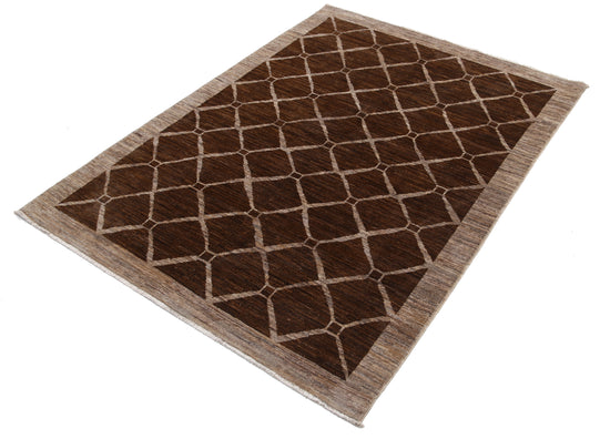 Transitional Hand Knotted Modcar Modcar Wool Rug of Size 4'0'' X 5'5'' in Brown and Brown Colors - Made in Pakistan