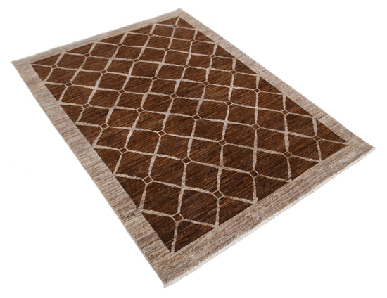 Transitional Hand Knotted Modcar Modcar Wool Rug of Size 4'0'' X 5'5'' in Brown and Brown Colors - Made in Pakistan