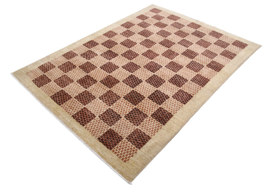 Transitional Hand Knotted Modcar Modcar Wool Rug of Size 4'11'' X 6'10'' in Ivory and Ivory Colors - Made in Pakistan