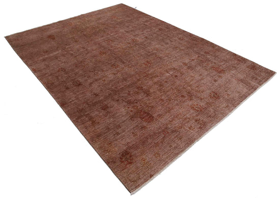 Transitional Hand Knotted Overdyed Modcar Wool Rug of Size 6'5'' X 8'7'' in Brown and Red Colors - Made in Pakistan