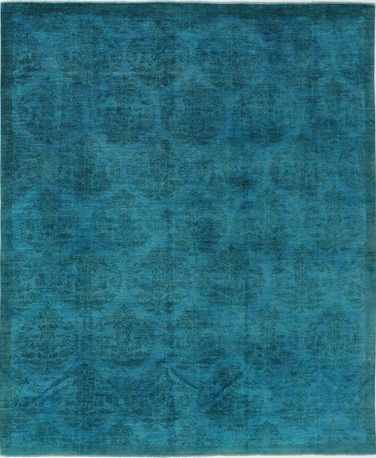 Transitional Hand Knotted Overdyed Modcar Wool Rug of Size 10'3'' X 12'4'' in Teal and Teal Colors - Made in Pakistan