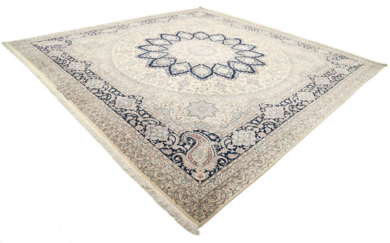Masterpiece Hand Knotted Nain Nain Wool & Silk Rug of Size 13'0'' X 13'0'' in Ivory and Blue Colors - Made in Iran