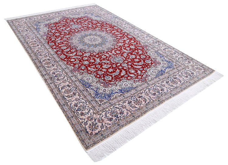 Masterpiece Hand Knotted Nain Nain Wool & Silk Rug of Size 6'8'' X 10'0'' in Red and Peach Colors - Made in Iran