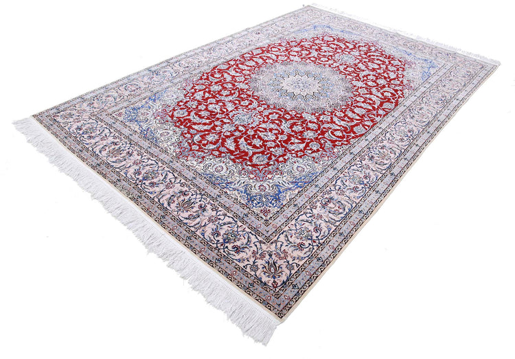 Masterpiece Hand Knotted Nain Nain Wool & Silk Rug of Size 6'8'' X 10'0'' in Red and Peach Colors - Made in Iran