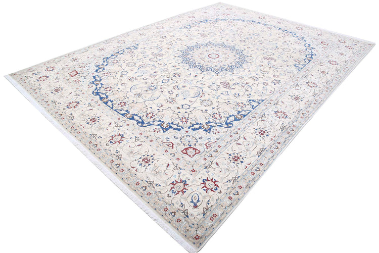 Persian Hand Knotted Nain Nain Wool Rug of Size 8'8'' X 11'10'' in Ivory and Blue Colors - Made in Iran