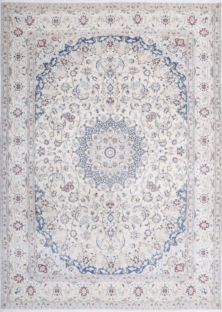 Persian Hand Knotted Nain Nain Wool Rug of Size 8'8'' X 11'10'' in Ivory and Blue Colors - Made in Iran