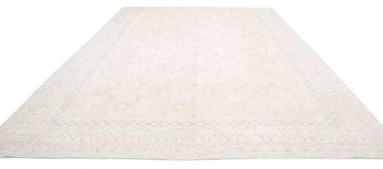 Traditional Hand Knotted Oushak Oushak Wool Rug of Size 12'4'' X 17'8'' in Ivory and Green Colors - Made in Afghanistan