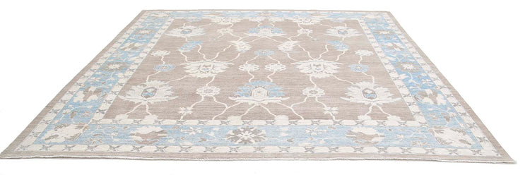 Traditional Hand Knotted Oushak Oushak Wool Rug of Size 11'7'' X 11'2'' in Taupe and Blue Colors - Made in Afghanistan