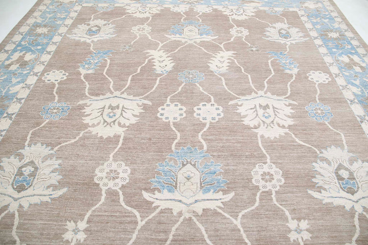 Traditional Hand Knotted Oushak Oushak Wool Rug of Size 11'7'' X 11'2'' in Taupe and Blue Colors - Made in Afghanistan