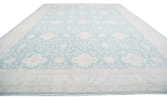 Traditional Hand Knotted Oushak Oushak Wool Rug of Size 15'10'' X 21'9'' in Teal and Ivory Colors - Made in Afghanistan