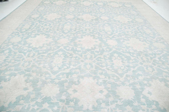 Traditional Hand Knotted Oushak Oushak Wool Rug of Size 15'10'' X 21'9'' in Teal and Ivory Colors - Made in Afghanistan