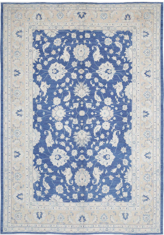 Traditional Hand Knotted Oushak Oushak Wool Rug of Size 10'0'' X 14'9'' in Blue and Taupe Colors - Made in Afghanistan