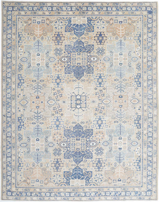 Traditional Hand Knotted Oushak Oushak Wool Rug of Size 9'7'' X 12'4'' in Taupe and Blue Colors - Made in Afghanistan