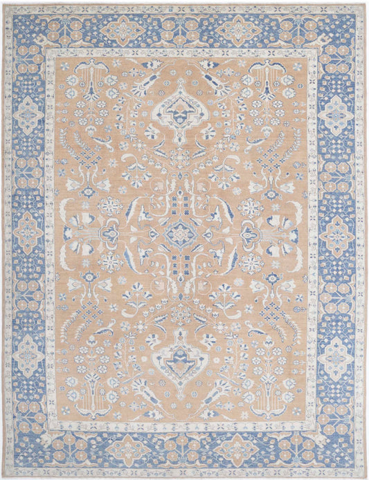 Traditional Hand Knotted Oushak Oushak Wool Rug of Size 9'2'' X 12'3'' in Taupe and Blue Colors - Made in Afghanistan