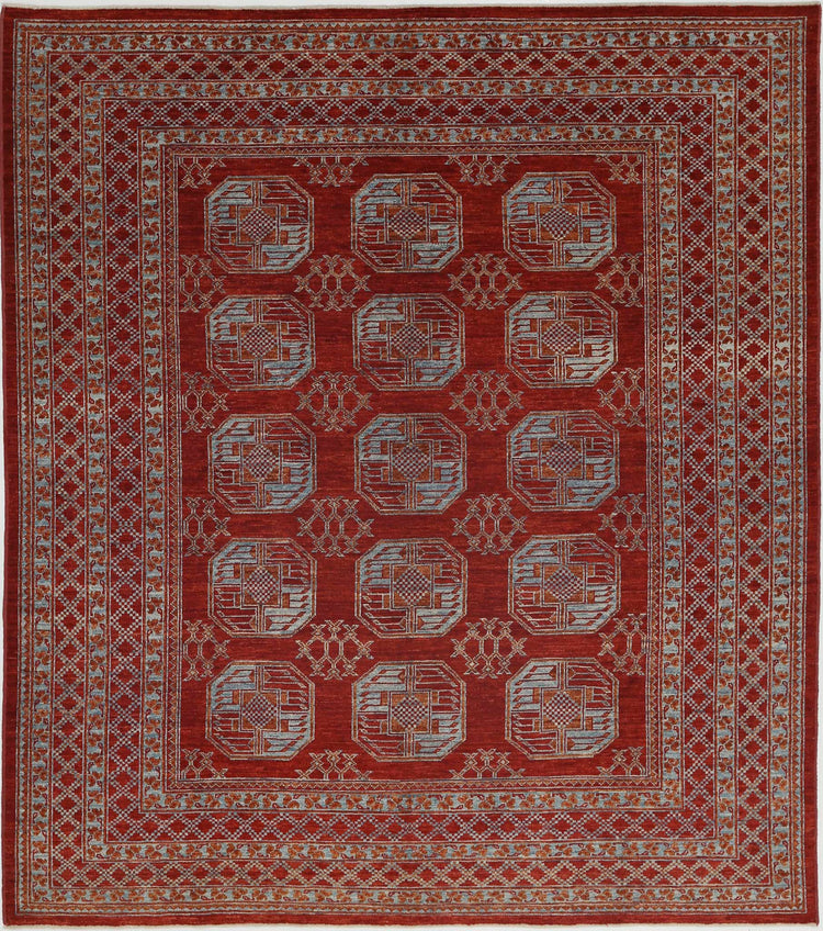 Traditional Hand Knotted Oushak Oushak Wool Rug of Size 8'8'' X 9'9'' in Red and Blue Colors - Made in Afghanistan