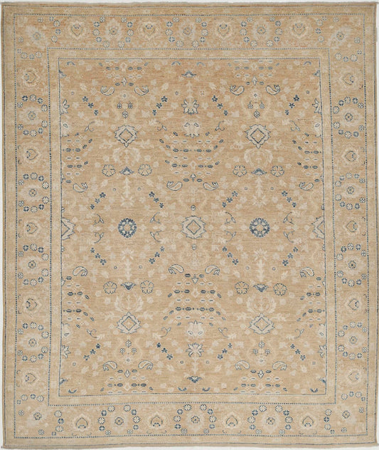 Traditional Hand Knotted Oushak Oushak Wool Rug of Size 8'8'' X 10'3'' in Taupe and Blue Colors - Made in Afghanistan