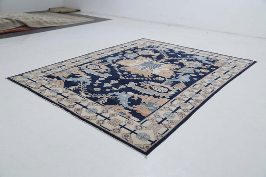Traditional Hand Knotted Oushak Oushak Wool Rug of Size 9'2'' X 11'6'' in Blue and Ivory Colors - Made in Afghanistan