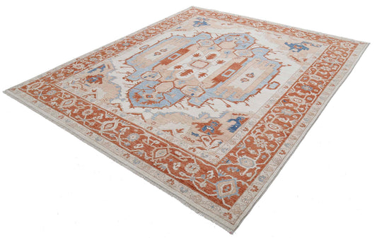 Traditional Hand Knotted Oushak Oushak Wool Rug of Size 8'3'' X 9'6'' in Ivory and Rust Colors - Made in Afghanistan