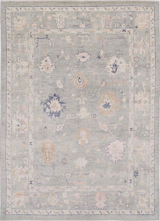 Traditional Hand Knotted Oushak Oushak Wool Rug of Size 9'0'' X 12'4'' in Grey and Ivory Colors - Made in Afghanistan