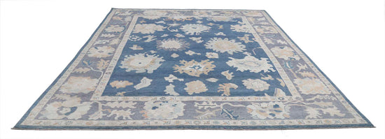 Traditional Hand Knotted Oushak Oushak Wool Rug of Size 9'9'' X 14'0'' in Blue and Grey Colors - Made in Afghanistan
