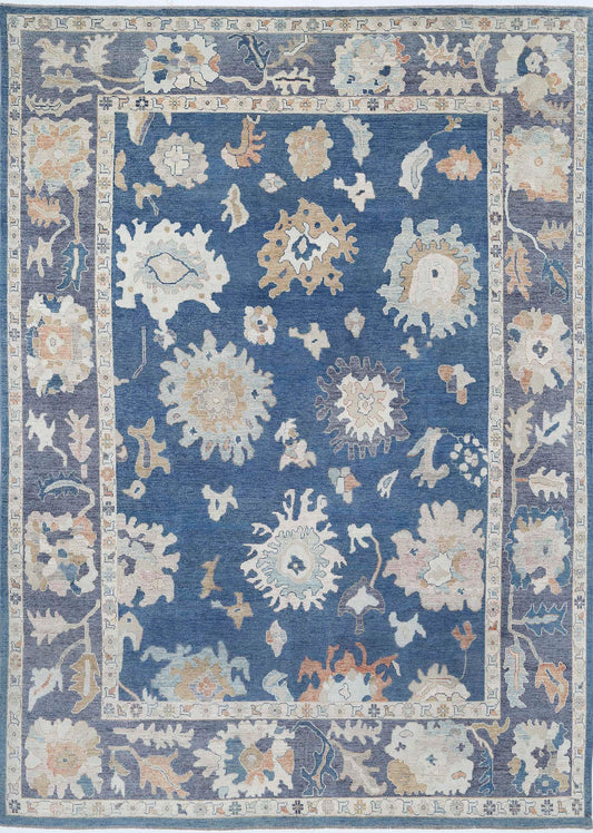 Traditional Hand Knotted Oushak Oushak Wool Rug of Size 9'9'' X 14'0'' in Blue and Grey Colors - Made in Afghanistan