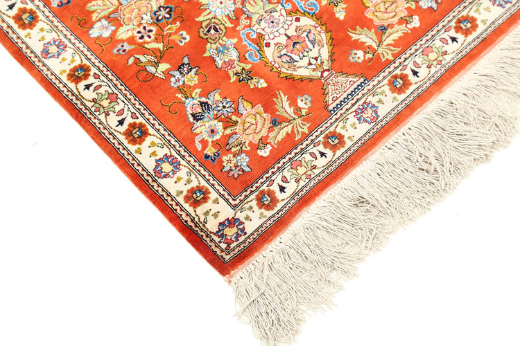 Masterpiece Hand Knotted Qum Qum Wool Rug of Size 1'7'' X 5'3'' in Rust and Beige Colors - Made in Iran