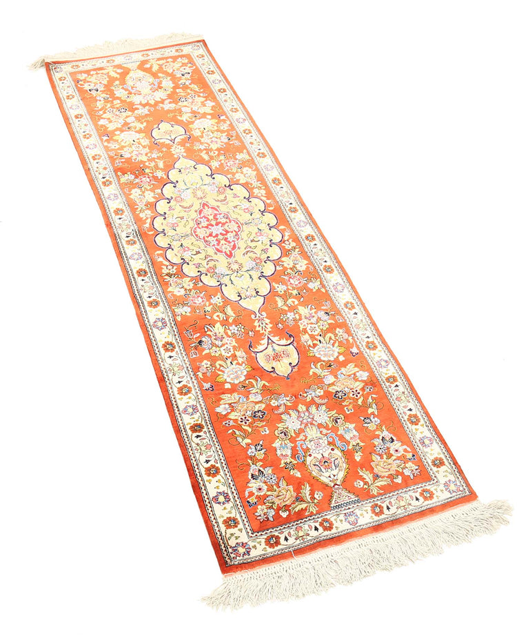 Masterpiece Hand Knotted Qum Qum Wool Rug of Size 1'7'' X 5'3'' in Rust and Ivory Colors - Made in Iran