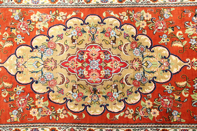 Masterpiece Hand Knotted Qum Qum Wool Rug of Size 1'7'' X 5'3'' in Rust and Beige Colors - Made in Iran