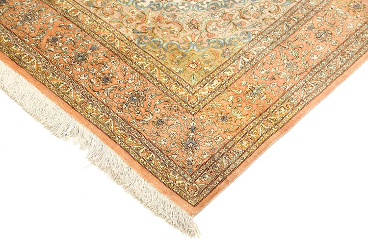 Masterpiece Hand Knotted Qum Qum Silk Rug of Size 4'3'' X 6'5'' in Ivory and Rust Colors - Made in Iran