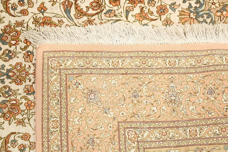Masterpiece Hand Knotted Qum Qum Silk Rug of Size 4'3'' X 6'5'' in Ivory and Rust Colors - Made in Iran