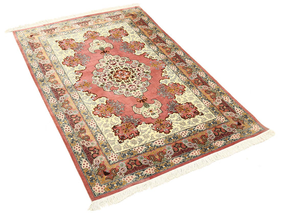 Masterpiece Hand Knotted Qum Qum Silk Rug of Size 3'4'' X 4'10'' in Peach and Gold Colors - Made in Iran