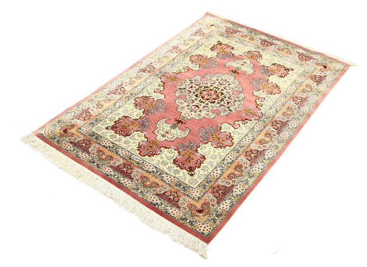 Masterpiece Hand Knotted Qum Qum Silk Rug of Size 3'4'' X 4'10'' in Peach and Gold Colors - Made in Iran