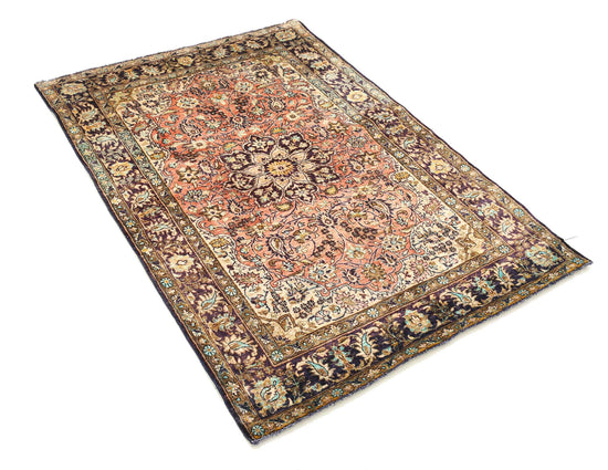 Masterpiece Hand Knotted Qum Qum Silk Rug of Size 3'4'' X 4'10'' in Peach and Blue Colors - Made in Iran