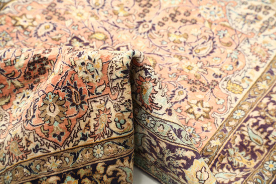 Masterpiece Hand Knotted Qum Qum Silk Rug of Size 3'4'' X 4'10'' in Peach and Blue Colors - Made in Iran