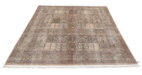 Masterpiece Hand Knotted Qum Qum Silk Rug of Size 6'3'' X 7'1'' in Brown and Taupe Colors - Made in Iran