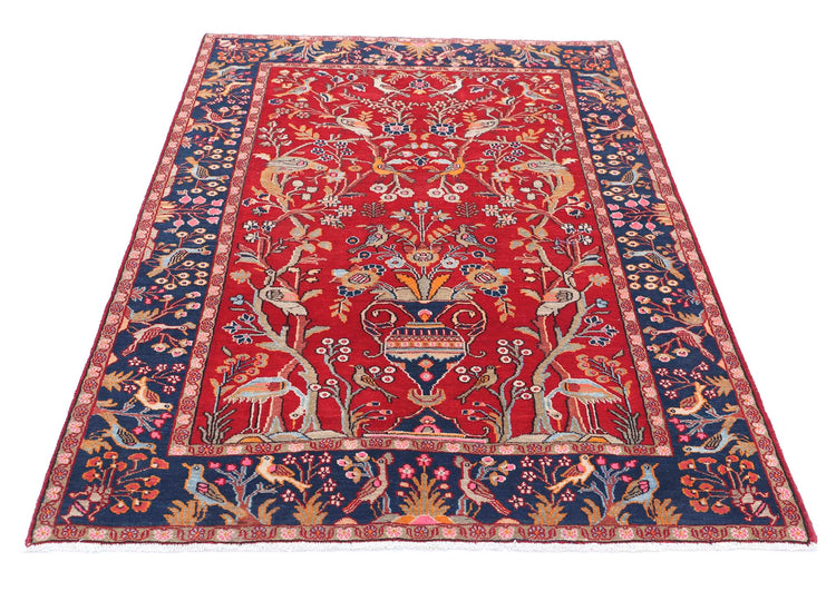 Persian Hand Knotted Sarouk Sarouk Wool Rug of Size 4'2'' X 6'3'' in Red and Blue Colors - Made in Iran