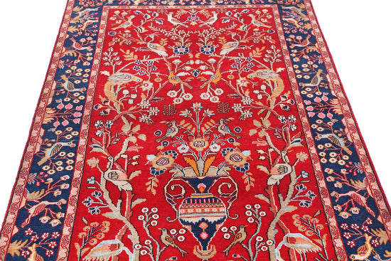 Persian Hand Knotted Sarouk Sarouk Wool Rug of Size 4'2'' X 6'3'' in Red and Blue Colors - Made in Iran
