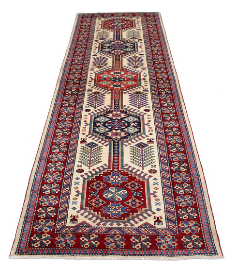 Tribal Hand Knotted Shirvan Shirvan Wool Rug of Size 3'2'' X 9'8'' in Ivory and Red Colors - Made in Afghanistan