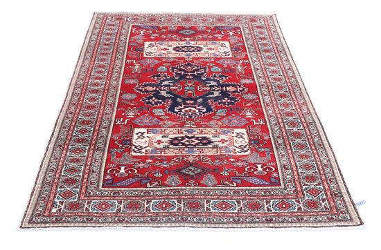 Tribal Hand Knotted Shirvan Shirvan Wool Rug of Size 4'5'' X 6'3'' in Red and Ivory Colors - Made in Russia