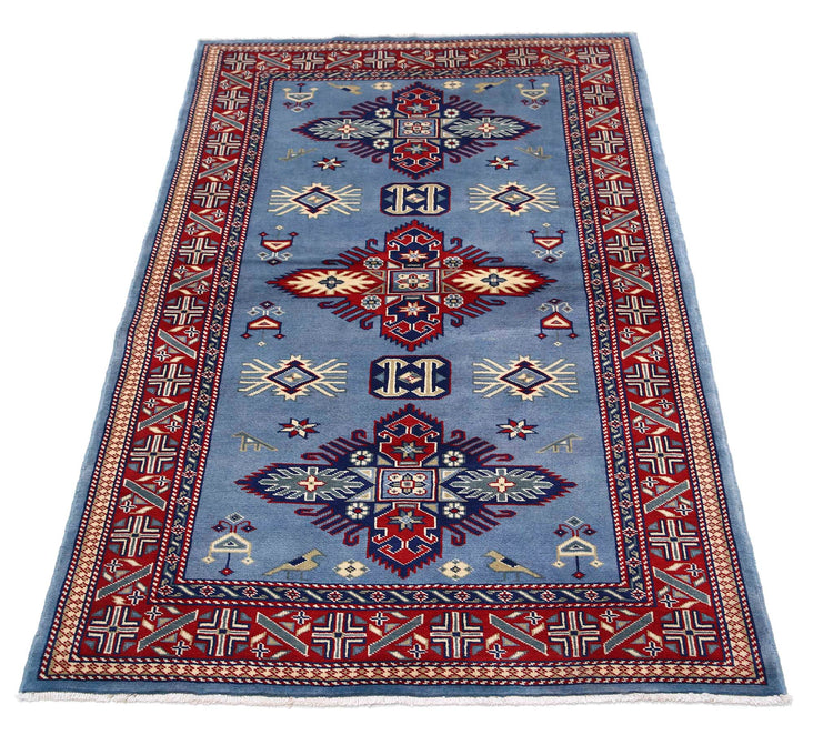 Tribal Hand Knotted Shirvan Shirvan Wool Rug of Size 3'1'' X 4'11'' in Blue and Red Colors - Made in Afghanistan