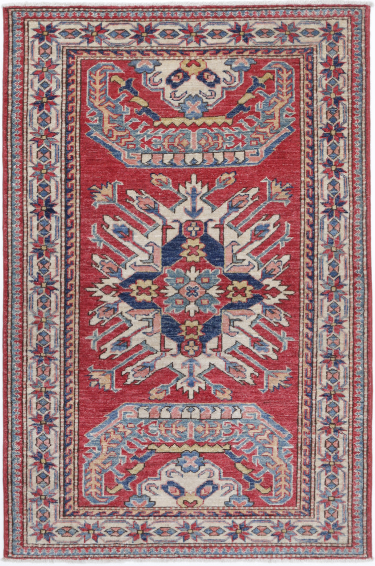 Tribal Hand Knotted Kazak Super Kazak Wool Rug of Size 3'1'' X 4'9'' in Red and Ivory Colors - Made in Afghanistan