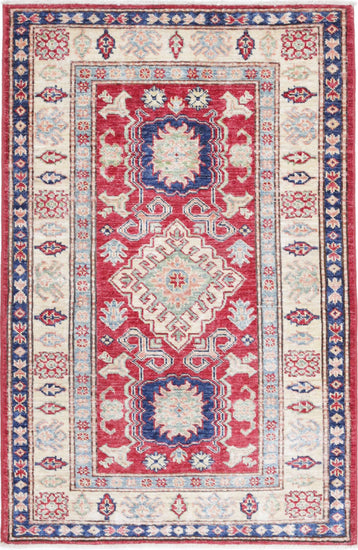 Tribal Hand Knotted Kazak Super Kazak Wool Rug of Size 2'8'' X 4'2'' in Red and Ivory Colors - Made in Afghanistan